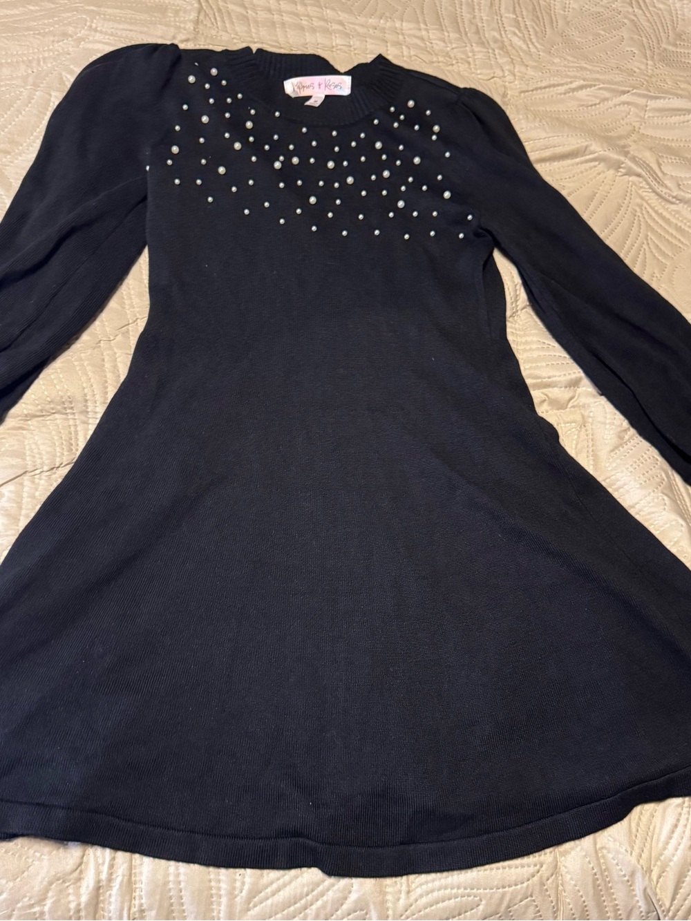 Poppies & Roses Black Long-Sleeve stretch Pearl-Studded Sweater Dress Sz Medium